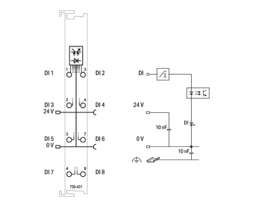 Schaltbild WAGO 750 431 Digitale Eingangsklemme 8 Kanal DC24V 0 2ms