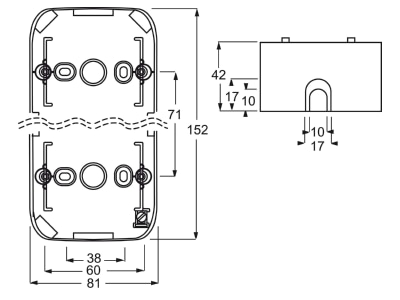 Dimensional drawing Busch Jaeger 1702 214 Surface mounted housing 2 gang white
