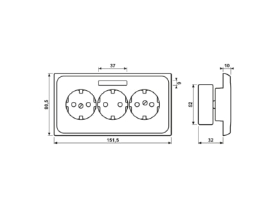 Ma�zeichnung Jung CD 523 NA KK SCHUKO Steckdose 3 fach 16A 250V