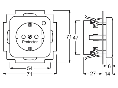 Dimensional drawing Busch Jaeger 2310EUGL VA 212 11 Socket outlet  receptacle 