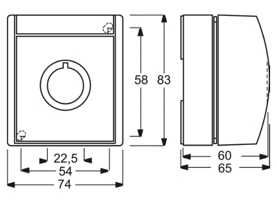 Dimensional drawing Busch Jaeger 2533 WN 15 53 Surface mounted housing 1 gang yellow