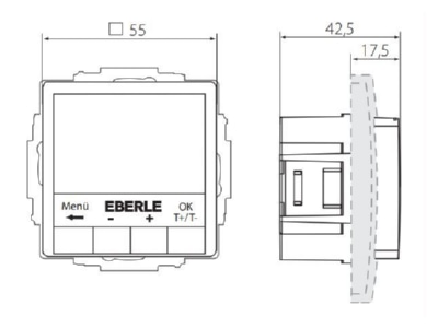 Dimensional drawing Eberle UTE4100F RAL9010 G55 Room clock thermostat 5   30 C