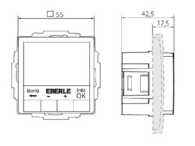 Masszeichnung Eberle UTE4800F RAL9010 G55 UP Uhrenthermostat Hinterleuchtung weiss