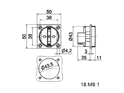 Dimensional drawing Bals 714 Equipment mounted socket outlet with