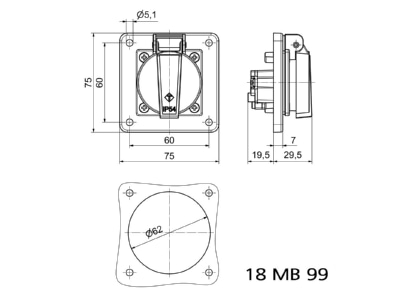 Dimensional drawing Bals 7112 Equipment mounted socket outlet with