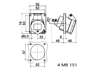Dimensional drawing Bals 12990 CEE Panel socket 16A 3p 6h