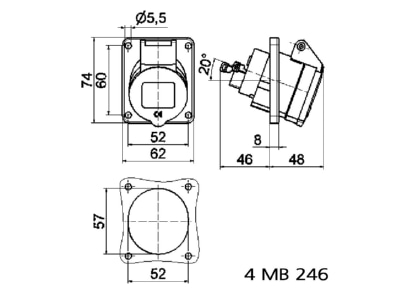 Dimensional drawing Bals 12772 CEE Panel socket 16A 3p 6h