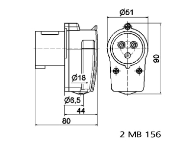 Dimensional drawing Bals 231 CEE plug 16A 3p 6h 230 V  50 60 Hz  blue