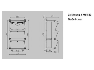Dimensional drawing Mennekes 930003 CEE Socket combination wall mount IP44