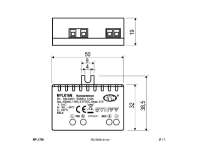 Mazeichnung EVN MPLK16N LED Netzgeraet 350mA 1 6W IP20