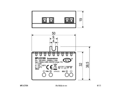Mazeichnung EVN MPLK316N LED Netzgeraet 700mA 2 6W IP20