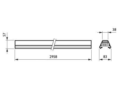 Dimensional drawing 1 Philips Licht 4MX656 492 2x7x2 5WH Support profile light line system 2958mm
