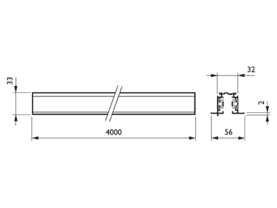 Dimensional drawing 1 Philips Licht RBS750  06541900 Light track 4000mm aluminium   3 phase busbar RBS750 5C6 L4000 ALU  RBS750 06541900
