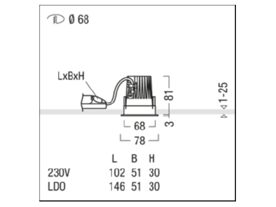 Mazeichnung Zumtobel PANOS EVO  60815066 LED Deckeneinbauleuchte R68 10W840230VVFLALW PANOS EVO 60815066