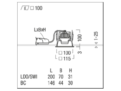 Mazeichnung Zumtobel PANOS EVO  60815194 LED Deckeneinbauleuchte Q100L 11W830230VSMWH PANOS EVO 60815194