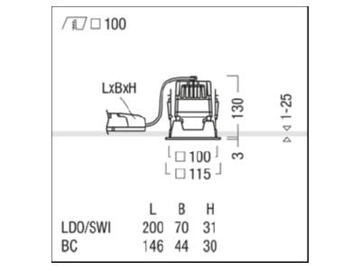 Mazeichnung Zumtobel PANOS EVO  60815240 LED Deckeneinbauleuchte Q100H 18W830230VWHWH PANOS EVO 60815240