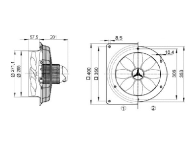 Dimensional drawing Maico DZQ 25 2 B two way industrial fan 250mm