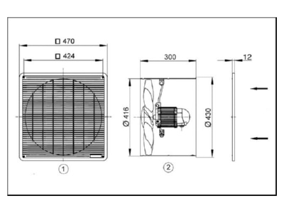 Dimensional drawing Maico DZF 40 4 B two way industrial fan 400mm