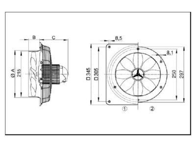 Dimensional drawing 2 Maico EZQ 20 4 E deaeration industrial fan 200mm