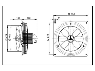 Dimensional drawing Maico DZQ 45 4 B two way industrial fan 450mm
