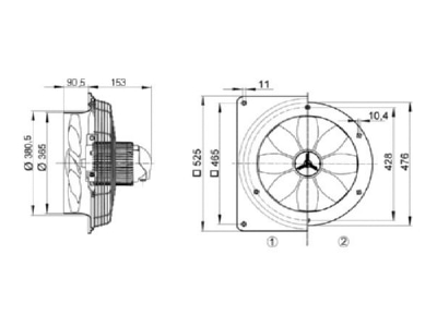 Dimensional drawing Maico DZQ 35 84 B two way industrial fan 350mm