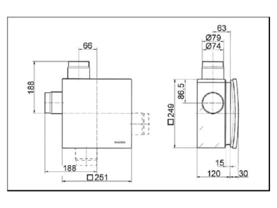Dimensional drawing 1 Maico ER UPB R Ventilator housing for inlying bathrooms
