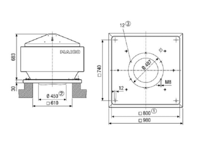 Dimensional drawing Maico MDR 45 EC Roof mounted ventilator 6260m  h 2977W