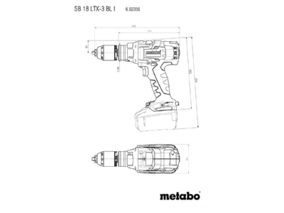 Dimensional drawing Metabowerke SB 18 LTX 3 BL I Battery hammer drill 18V 5 2Ah