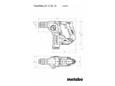 Dimensional drawing Metabowerke BH12BL16 600207800 Rotary and demolition hammer  battery  BH12BL16600207800
