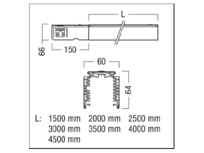 Dimensional drawing Zumtobel TEC2 T 4000 15 BK Support profile light line system
