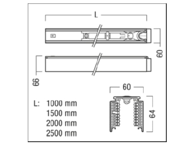 Dimensional drawing Zumtobel TEC2 T TE 1000 15 WH Support profile light line system