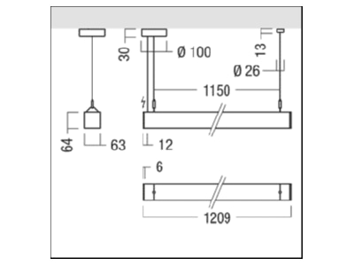 Dimensional drawing Zumtobel LINCOR DI  42190102 Pendant luminaire LED not exchangeable LINCOR DI 42190102