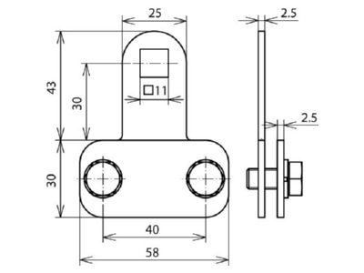 Dimensional drawing 1 Dehn KS 200 B11 11 FL30X4 End piece lightning protection
