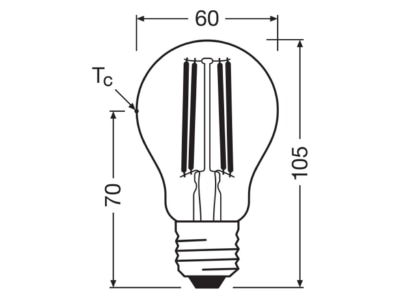 Dimensional drawing Ledvance LCA60FilDEEAS3 8827C LED lamp E27 827  clear  dim 