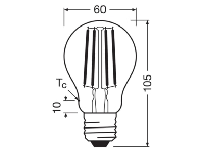 Dimensional drawing Ledvance LCA60FilEEAS3 8827CL LED lamp E27 827  clear