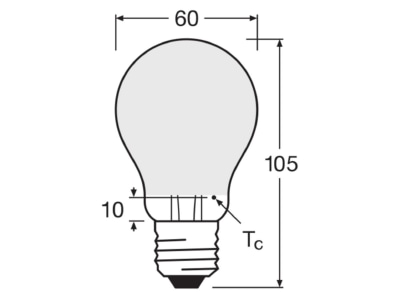 Dimensional drawing Ledvance LCA75FilDEEBS5 7827F LED lamp E27 827  frosted  dim 