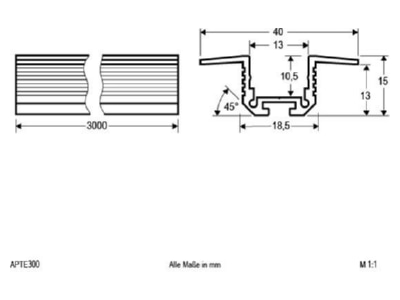 Dimensional drawing EVN APTE 300 Cable duct for luminaires