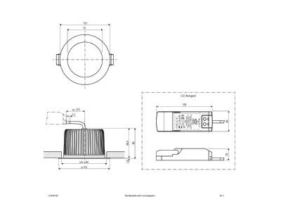 Dimensional drawing EVN LC44100102 P LED recessed ceiling light 3000K rd ws IP44 dim
