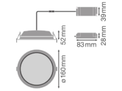 Mazeichnung LEDVANCE DLALU DN15014W3000K LED Downlight IP44 3000K