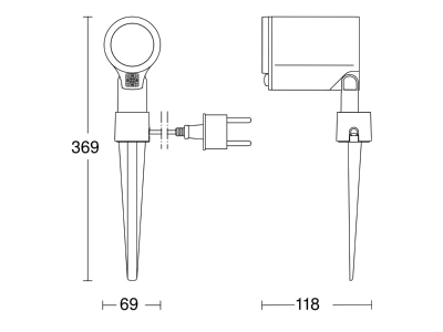 Dimensional drawing 1 Steinel Spot Garden SC 3000K Sensor switched LED spotlight 140 x 69 x 369 mm 
