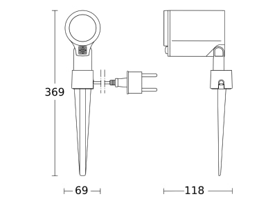 Dimensional drawing 2 Steinel Spot Garden SC 3000K Sensor switched LED spotlight 140 x 69 x 369 mm 
