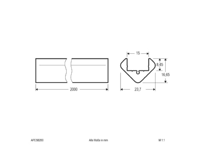 Dimensional drawing EVN APESB200 Cable duct for luminaires