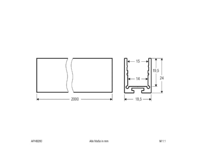 Dimensional drawing EVN APHB200 Cable duct for luminaires