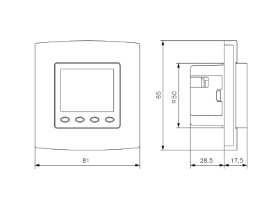 Dimensional drawing Alre it KTRRUu 217 456 21 Room clock thermostat 5   40 C   Electronic climate controller UP 40 C for 2  4 pipe systems  KTRRUu 217 45621