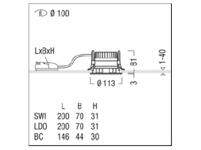 Dimensional drawing Zumtobel PANOS R  62927278 Downlight spot floodlight PANOS R 62927278