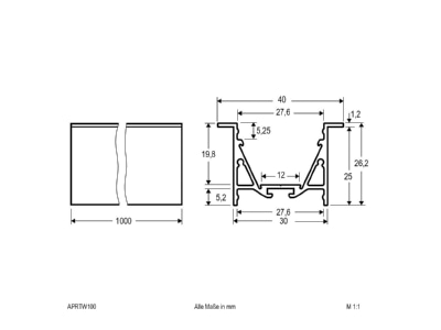 Dimensional drawing EVN APRTW100 Cable duct for luminaires