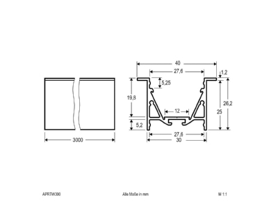 Dimensional drawing EVN APRTW300 Cable duct for luminaires