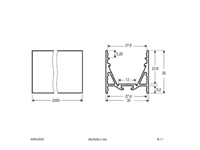 Dimensional drawing EVN APRUW200 Cable duct for luminaires