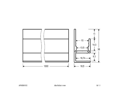 Dimensional drawing EVN APWBW100 Cable duct for luminaires