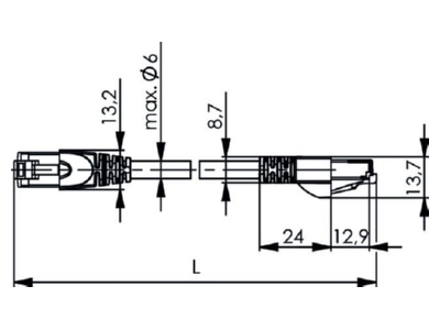 Dimensional drawing Telegaertner L00006A0036 RJ45 8 8  Patch cord 6A  IEC  20m